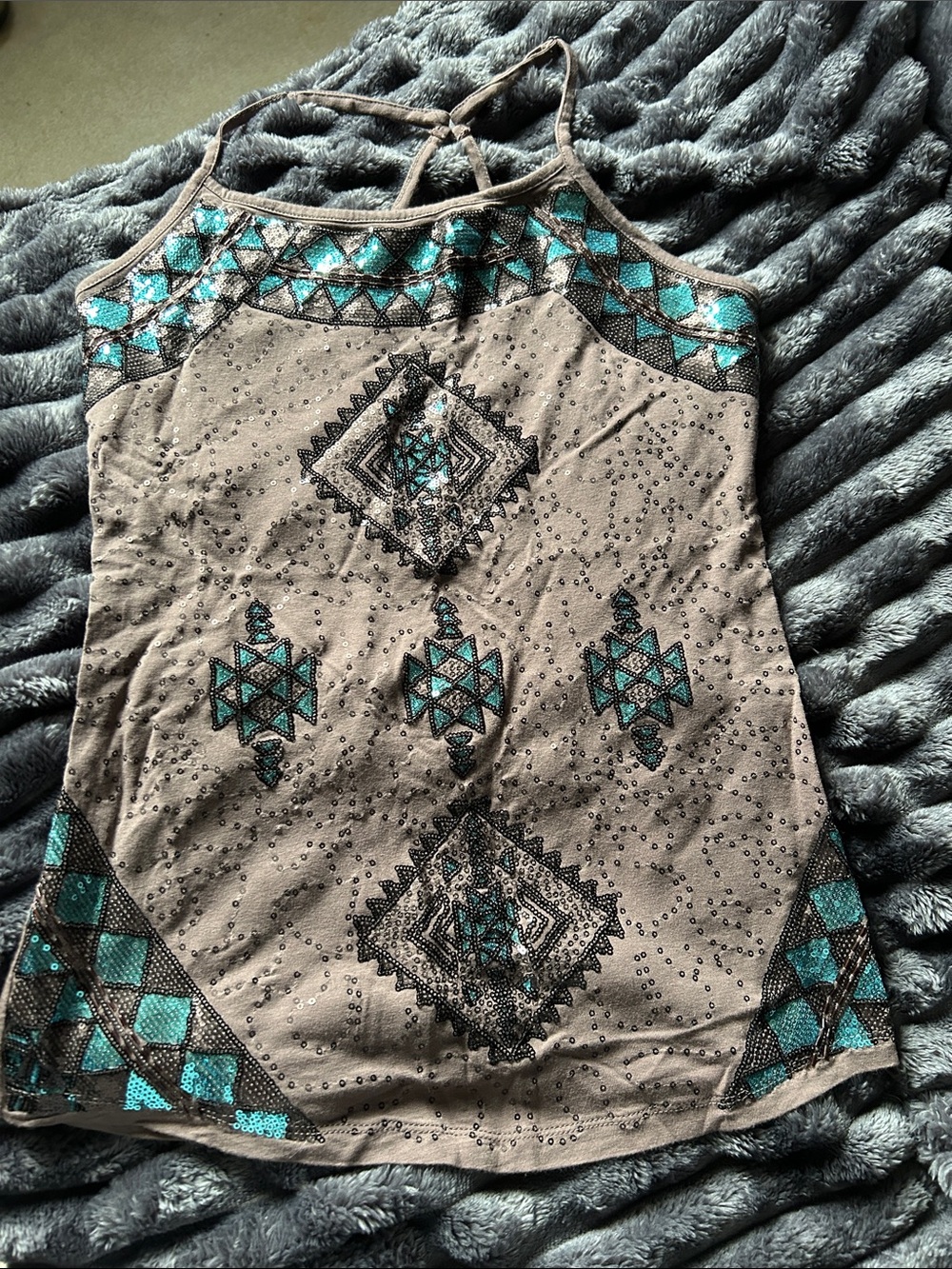 Embellished Taupe Camisole with Teal Geometric Accents